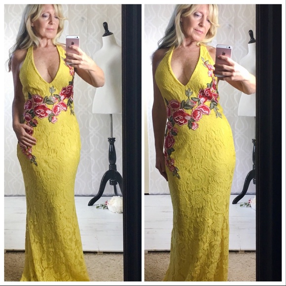 Red Roses on Daffodil Yellow Lace Formal Gown - Picture 4 of 8